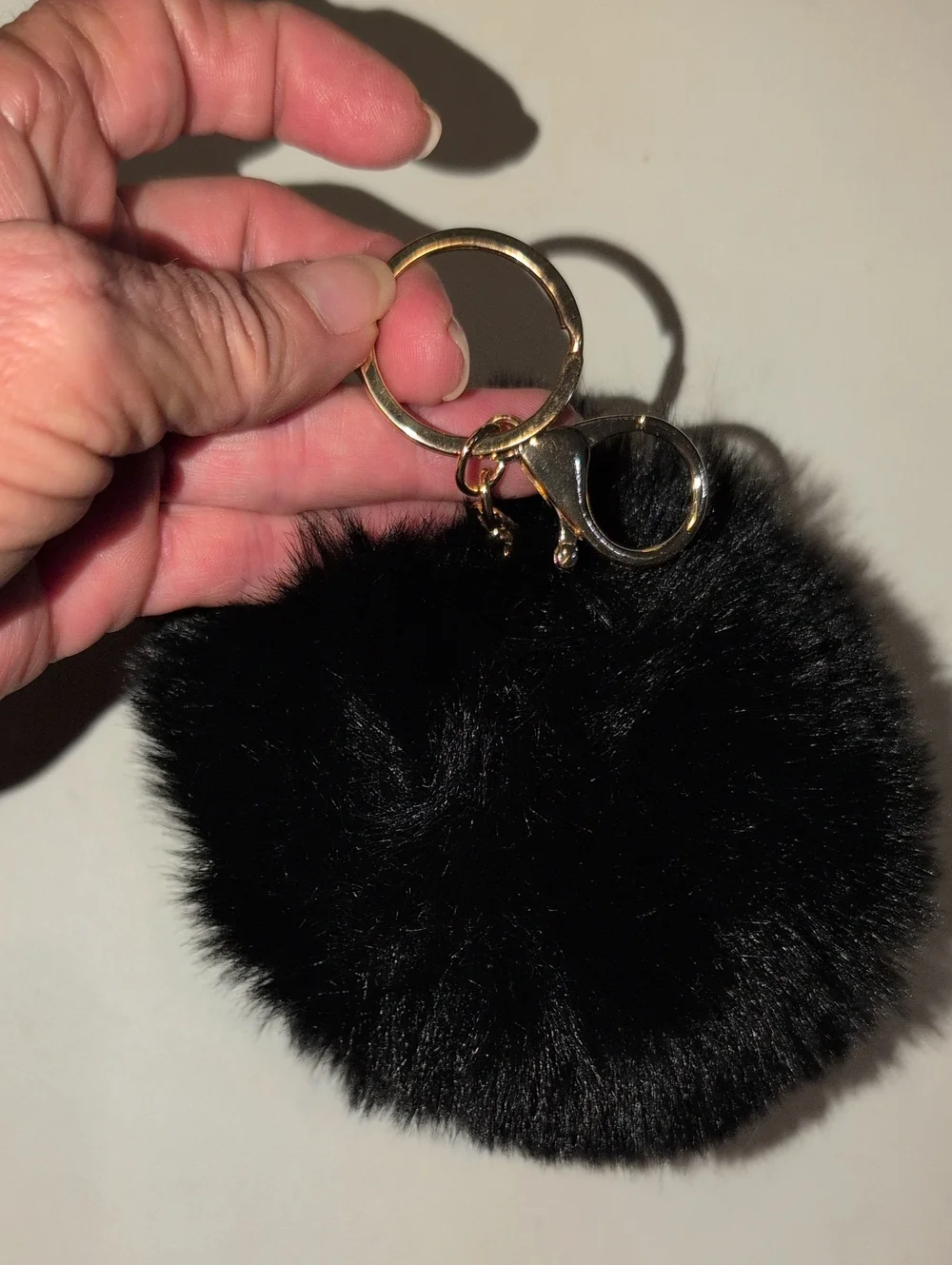 Plush Pom Pom Keychain - Black Faux Fur With Gold Toned Hardware